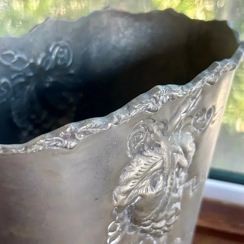 Vintage Bronze Tone Metal Raised Relief Floral Grapes Basket Bucket Flower Bin